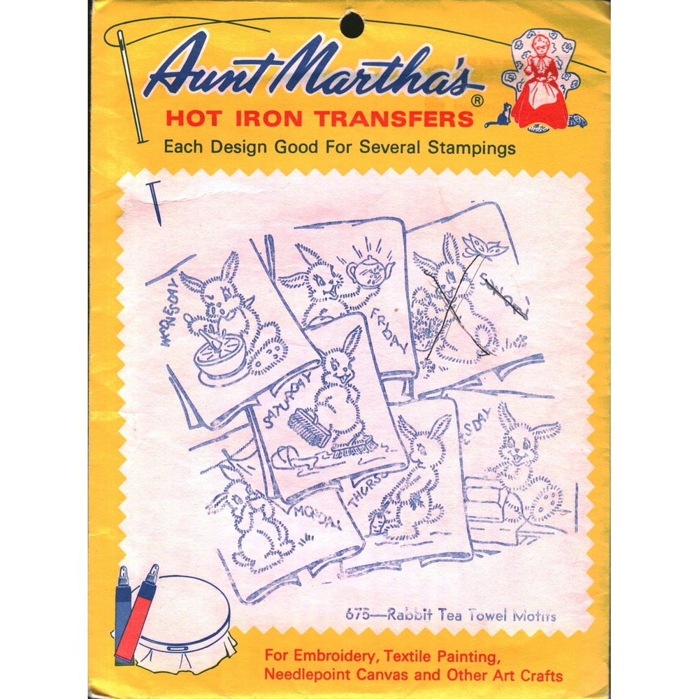 Aunt Martha's Hot Iron Transfers 675 Rabbit Tea Towel Motifs Days of the Week
